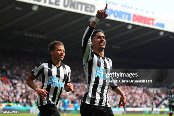 Ayoze Perez of Newcastle United celebrates scoring his side's first goal during the Premier League match between Newcastle United and Arsenal at St....