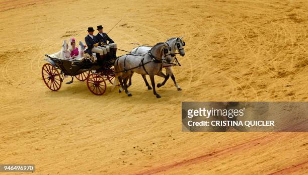 Horse-drawn carriage participates in the XXXIII "Enganches" exhibition at the Real Maestranza bullring in Sevilla on April 15, 2018. / AFP PHOTO /...