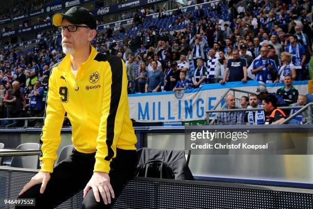 Head coach Peter Stoeger of Dortmund looks on prior to the Bundesliga match between FC Schalke 04 and Borussia Dortmund at Veltins-Arena on April 15,...