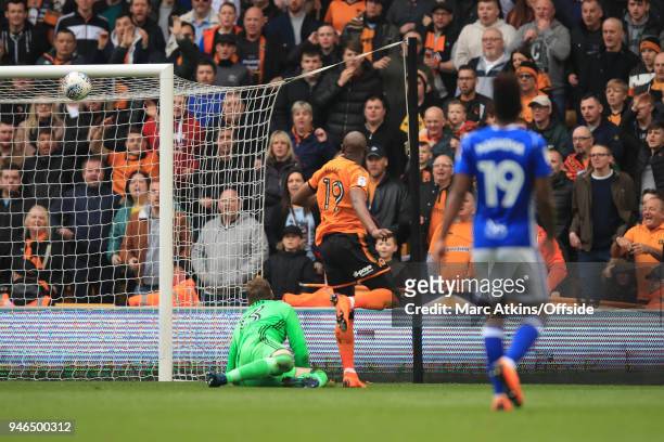 Benik Afobe of Wolverhampton Wanderers scores their 2nd goal during the Sky Bet Championship match between Wolverhampton Wanderers and Birmingham...