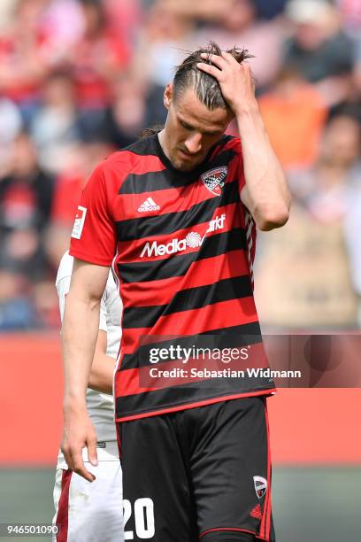 Stefan Kutschke of Ingolstadt reacts during the Second Bundesliga match between FC Ingolstadt 04 and 1. FC Nuernberg at Audi Sportpark on April 15,...