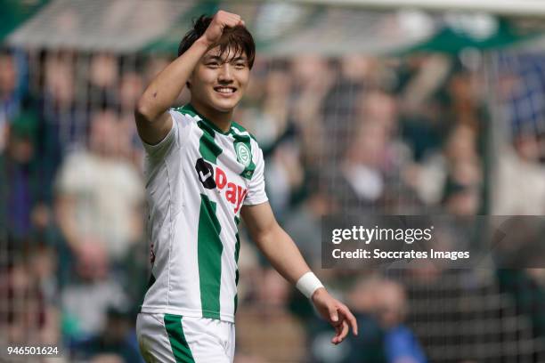 Ritsu Doan of FC Groningen celebrates 1-0 during the Dutch Eredivisie match between FC Groningen v Roda JC at the NoordLease Stadium on April 15,...