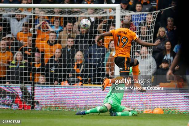 Benik Afobe of Wolverhampton Wanderers scores the second goal of the game during the Sky Bet Championship match between Wolverhampton Wanderers and...