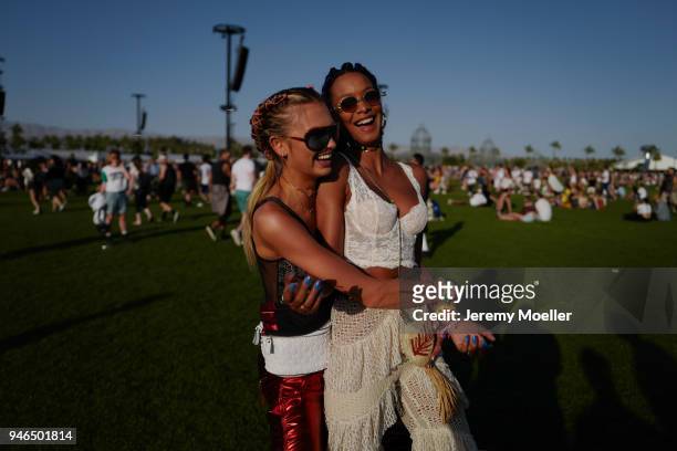 Lais Ribeiro and Romee Strijd wearing a Victoria Secret BH during day 1 of the 2018 Coachella Valley Music & Arts Festival Weekend 1 on April 13,...