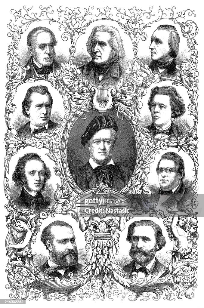 Famous composers of the 19th century:richard wagner, franz liszt, daniel francois esprit auber, edvard h. grieg, johannes brahms, anton rubinstein, felix mendelsohn-bartholdy, niels w. gade, chrles gounod, giuseppe verdi