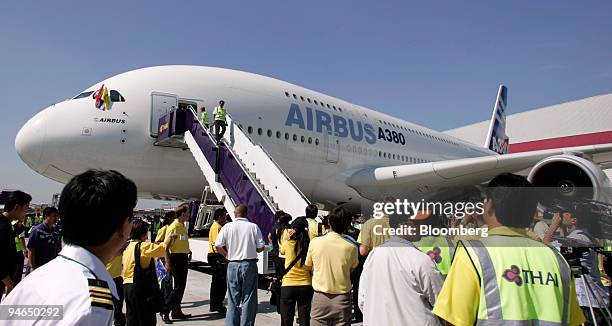 The Airbus A380, the world's largest commercial airliner, stands parked in front of the Thai Airways hangar at Bangkok's new Suvarnabhumi airport...