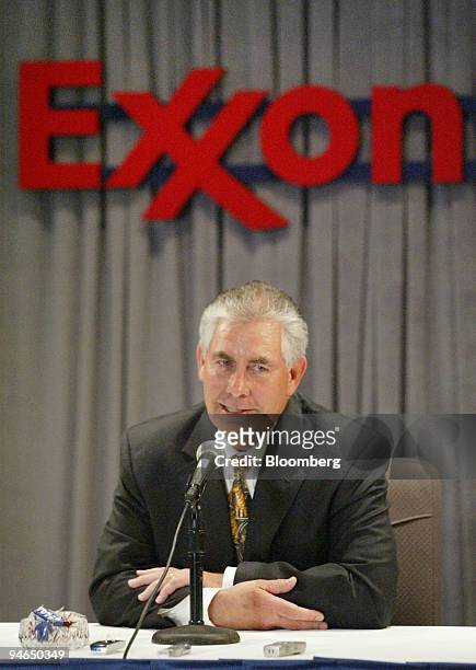 Rex Tillerson, chief executive officer of Exxon Mobile Corp., speaks at a news conference after the annual meeting of shareholders in Dallas, Texas,...