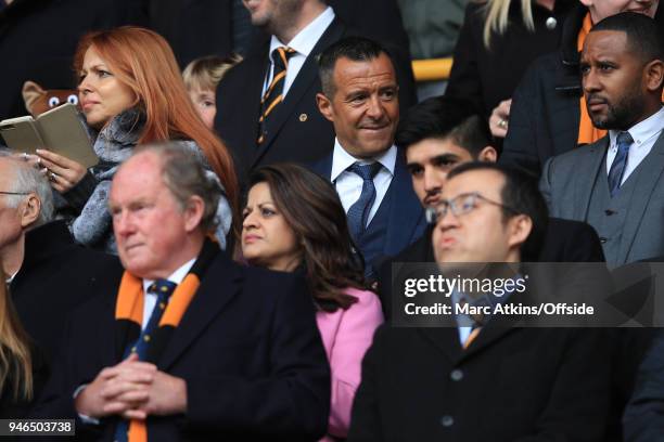 Football agent Jorge Mendes in the stands behind former owner Steve Morgan and Jeff Shi, Chairman of Wolverhampton Wanderers during the Sky Bet...