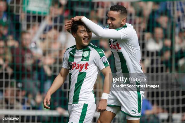 Ritsu Doan of FC Groningen celebrates 1-0 with Mimoun Mahi of FC Groningen during the Dutch Eredivisie match between FC Groningen v Roda JC at the...