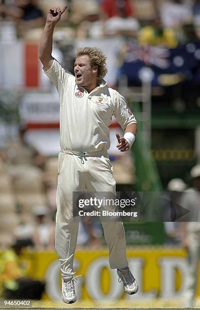 Shane Warne, bowling for Australia, celebrates on day 5 of the second Ashes Test match at the Adelaide Oval in Adelaide, Australia, Tuesday, December...