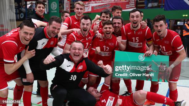 Hohenstein Ernstthal players celebrate after the the semi final German Futsal Championship match between HSV Panthers and VfL 05 Hohenstein Ernstthal...