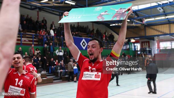 Dmytro Toisch of Hohenstein Ernstthal celebrate after the the semi final German Futsal Championship match between HSV Panthers and VfL 05 Hohenstein...