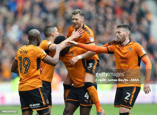 Benik Afobe of Wolverhampton Wanderers celebrates with his team mates after scoring a goal to make it 2-0 during the Sky Bet Championship match...