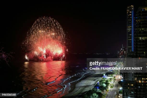 Fireworks erupt on the surfers' paradise beach as the Commonwealth Games closing ceremony take place at the Carrara Stadium Coast 2018 on the Gold...