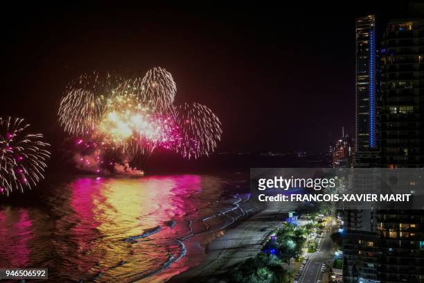 Fireworks erupt on the surfers' paradise beach as the Commonwealth Games closing ceremony takes place at the Carrara Stadium Coast 2018 on the Gold...