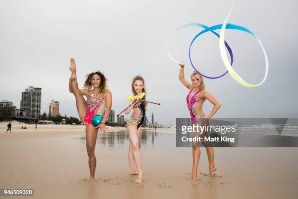 Gymnastic athletes from England pose on Kurrawa Beach on day 10 of the Gold Coast 2018 Commonwealth Games on April 14, 2018 on the Gold Coast,...