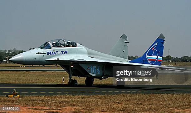 Russian MiG fighter taxis on the runway during Aero India 2007 at the Yelahanka airbase in Bangalore, India on Wednesday Feb. 7, 2007.