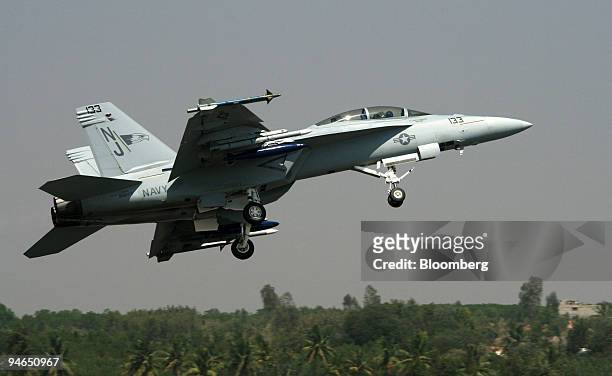 An F18 fighter plane flies during Aero India 2007 at the Yelahanka airbase in Bangalore, India on Wednesday Feb. 7, 2007.
