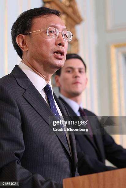 Yang Jiechi, left, the Chinese foreign minister, speaks as David Miliband, the U.K. Foreign secretary, listens during a press conference at Carlton...