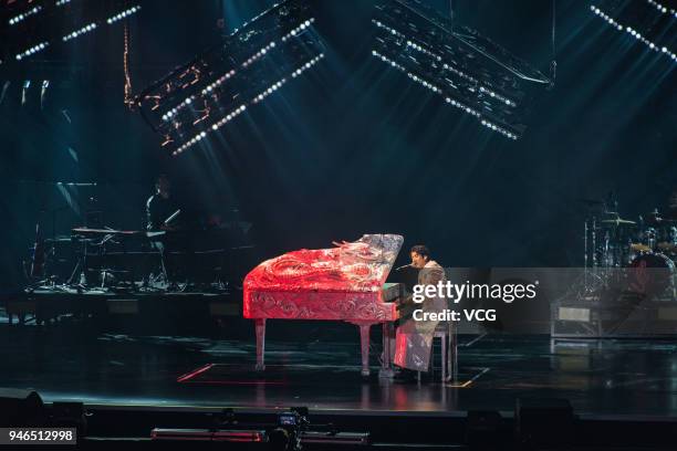 Singer Leehom Wang performs during his world tour concert 'The Descendants of the Dragon 2060' at Cadillac Center on April 13, 2018 in Beijing, China.