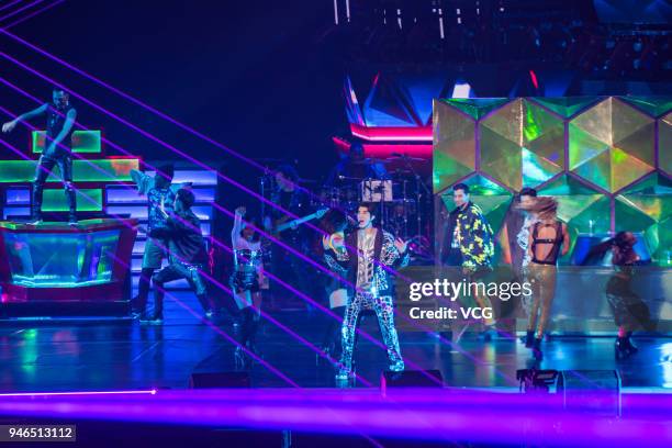 Singer Leehom Wang performs during his world tour concert 'The Descendants of the Dragon 2060' at Cadillac Center on April 13, 2018 in Beijing, China.