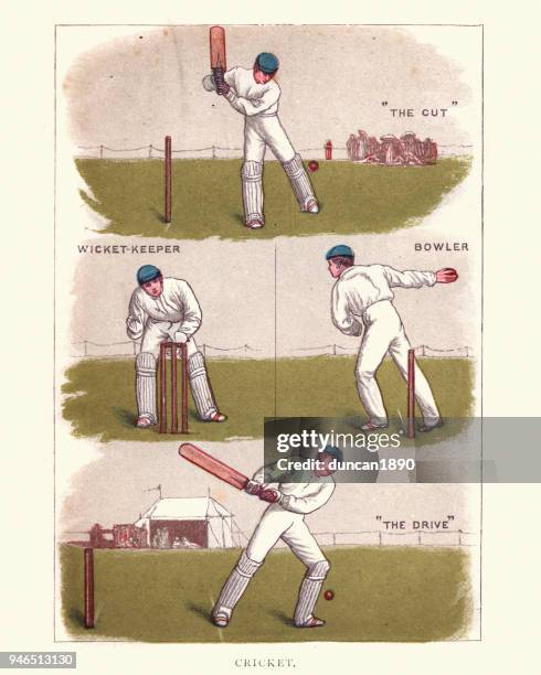 ilustraciones, imágenes clip art, dibujos animados e iconos de stock de victoriana grillo jugadores, bateador, encargado del wicket, jugador de bolos - lanzador de críquet