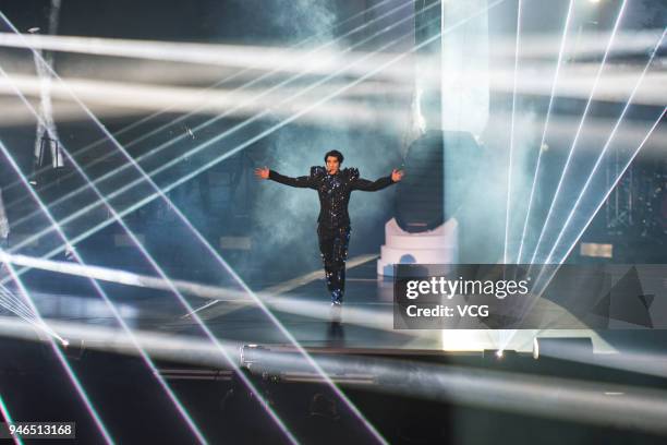 Singer Leehom Wang performs during his world tour concert 'The Descendants of the Dragon 2060' at Cadillac Center on April 13, 2018 in Beijing, China.