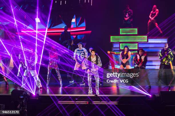 Singer Leehom Wang performs during his world tour concert 'The Descendants of the Dragon 2060' at Cadillac Center on April 13, 2018 in Beijing, China.