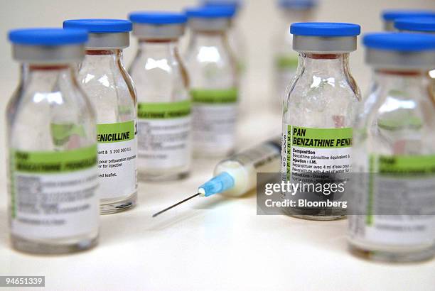 Syringe and vials of penicillin used in the treatment of syphilis are displayed in a lab at the Melbourne Sexual Health Centre in Melbourne,...