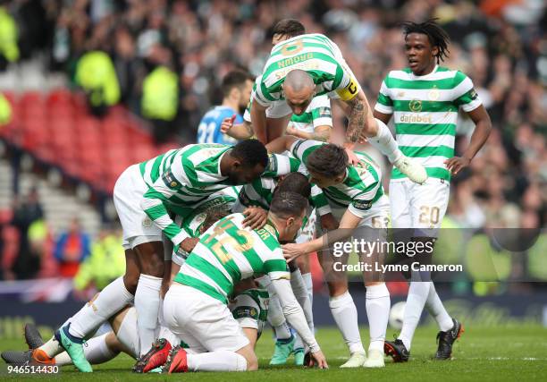 Tom Rogic of Celtic celebrates during the Scottish Cup Semi Final between Rangers and Celtic at Hampden Park on April 15, 2018 in Glasgow, Scotland.