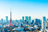 tokyo tower under blue sky and sunny day in hamamatsucho, Japan
