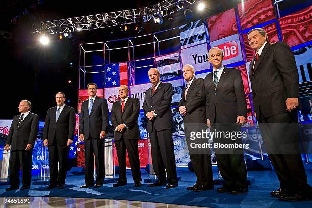 Republican presidential candidates gather for the media prior to a debate in St. Petersburg, Florida, U.S., on Wednesday, Nov. 29, 2007. From left to...