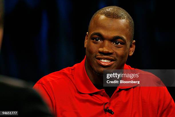 Running back Adrian Peterson speaks during an interview in New York, Wednesday, April 11, 2007. Peterson plans to forgo his senior season at the...