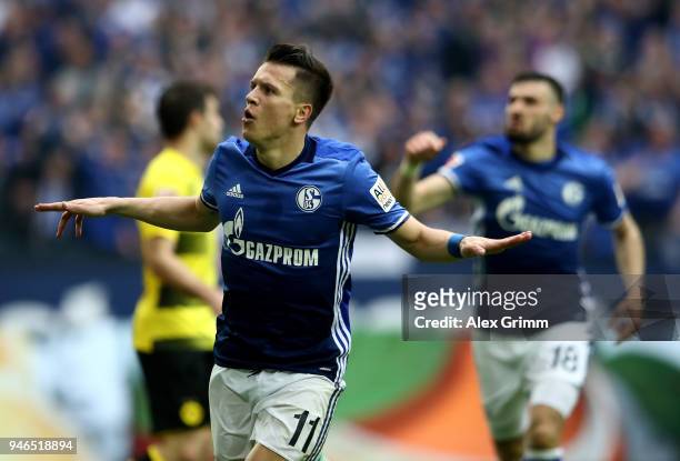 Yevhen Konoplyanka of Schalke celebrates after he scores the opening goal during the Bundesliga match between FC Schalke 04 and Borussia Dortmund at...