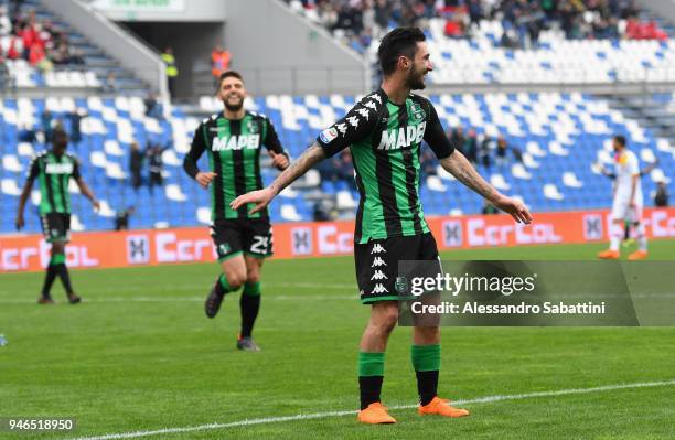 Matteo Politano of US Sassuolo celebrates after scoring his team second goal during the serie A match between US Sassuolo and Benevento Calcio at...