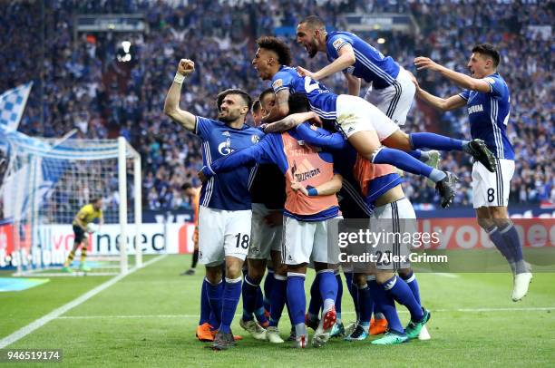 Yevhen Konoplyanka of Schalke celebrate with his team mates after he scores the opening goal during the Bundesliga match between FC Schalke 04 and...