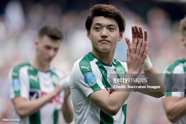 Ritsu Doan of FC Groningen celebrates the victory during the Dutch Eredivisie match between FC Groningen v Roda JC at the NoordLease Stadium on April...