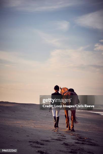 a young woman walking with her horse on the beach - riding habit stock pictures, royalty-free photos & images