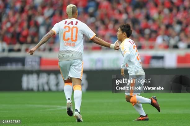 Shota Kaneko of Shimizu S-Pulse celebrates scring his team's first goal during the J.League J1 match between Urawa Red Diamonds and Shimizu S-Pulse...