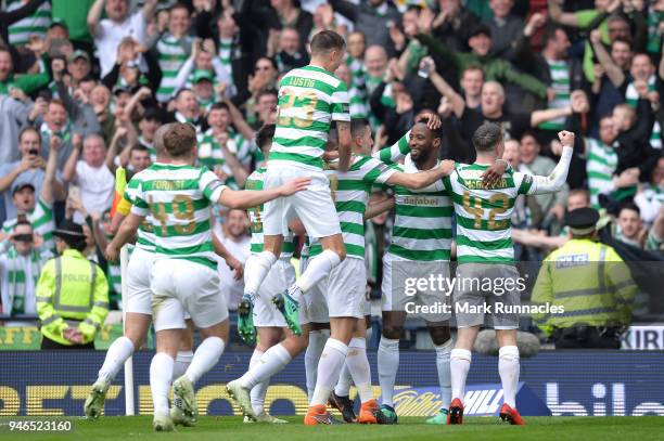 Moussa Dembele of Celtic celebrates after scoring his sides third goal with his team mates during the Scottish Cup Semi Final match between Rangers...