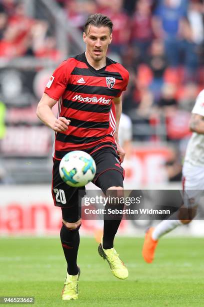 Stefan Kutschke of Ingolstadt plays the ball during the Second Bundesliga match between FC Ingolstadt 04 and 1. FC Nuernberg at Audi Sportpark on...