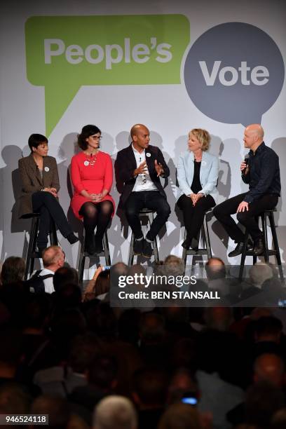 British politicians, Green MP Caroline Lucas, Liberal Democrat MP Layla Moran, Labour Party MP Chuka Umunna and Conservative MP Anna Soubry share the...