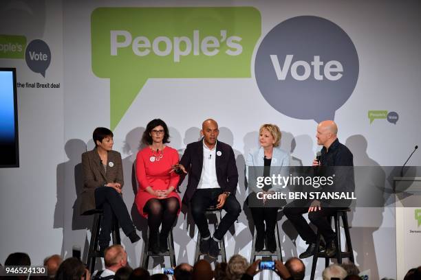 British politicians, Green MP Caroline Lucas, Liberal Democrat MP Layla Moran, Labour Party MP Chuka Umunna and Conservative MP Anna Soubry share the...