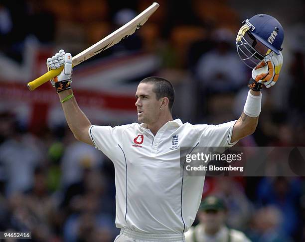 Kevin Pietersen, batting for England, celebrates reaching 100 runs on day 2 of the second Ashes Test match at the Adelaide Oval in Adelaide,...