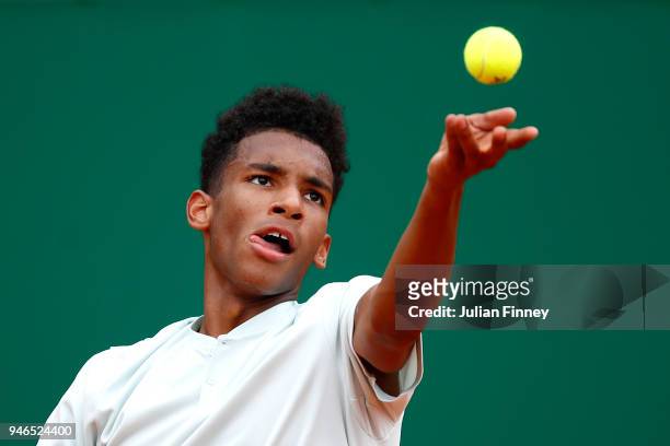 Felix Auger-Aliassime of Canada serves during the Round of 64 match between Mischa Zverev and Felix Auger-Aliassime during Day One of ATP Masters...