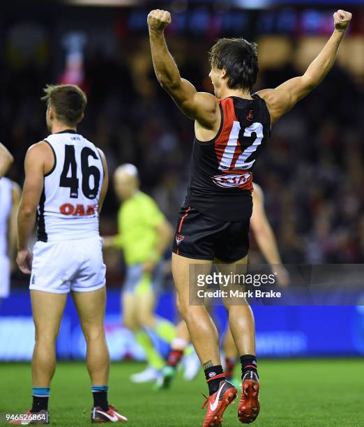 Mark Baguley of the Bombers celebrates a goal during the round four AFL match between the Essendon Bombers and the Port Adelaide Power at Etihad...