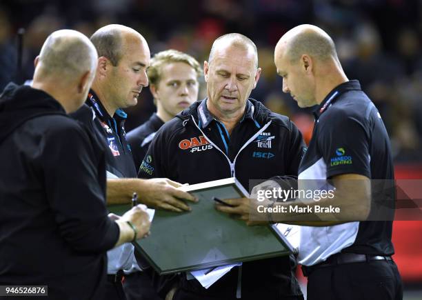 Ken Hinkley Port Adelaide coach at quarter time during the round four AFL match between the Essendon Bombers and the Port Adelaide Power at Etihad...