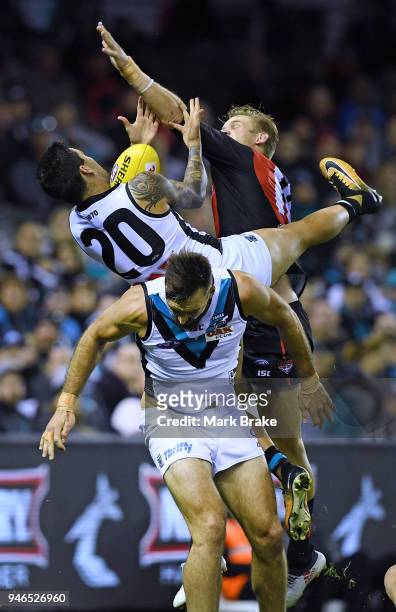Chad Wingard of Port Adelaide flys high for a missed mark during the round four AFL match between the Essendon Bombers and the Port Adelaide Power at...