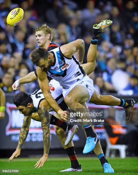 Chad Wingard of Port Adelaide flys high for a missed mark during the round four AFL match between the Essendon Bombers and the Port Adelaide Power at...