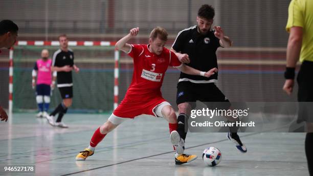 Danijel Suntic of Hamburg and Marko Hudacek of Hohenstein Ernstthal compete for the ball during the semi final German Futsal Championship match...